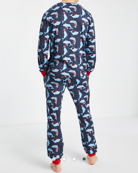 Chelsea Peers Christmas pyjama set in navy whale print