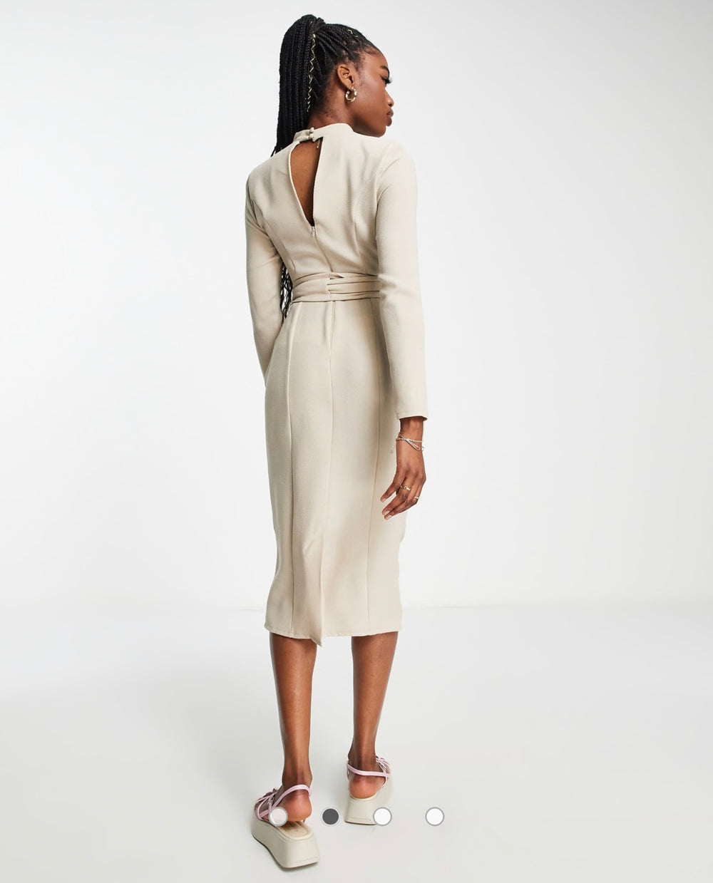 ASOS DESIGN long sleeve midi dress with obi belt in stone