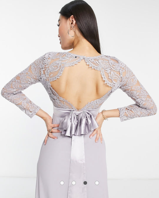 TFNC Bridesmaids chiffon maxi dress with lace scalloped back and long sleeves in grey
