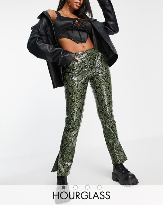 ASOS DESIGN Hourglass low rise leather look straight leg trouser in green snake