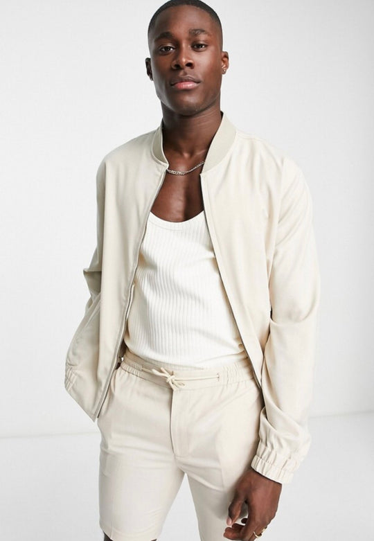 ASOS DESIGN smart co-ord bomber jacket in stone