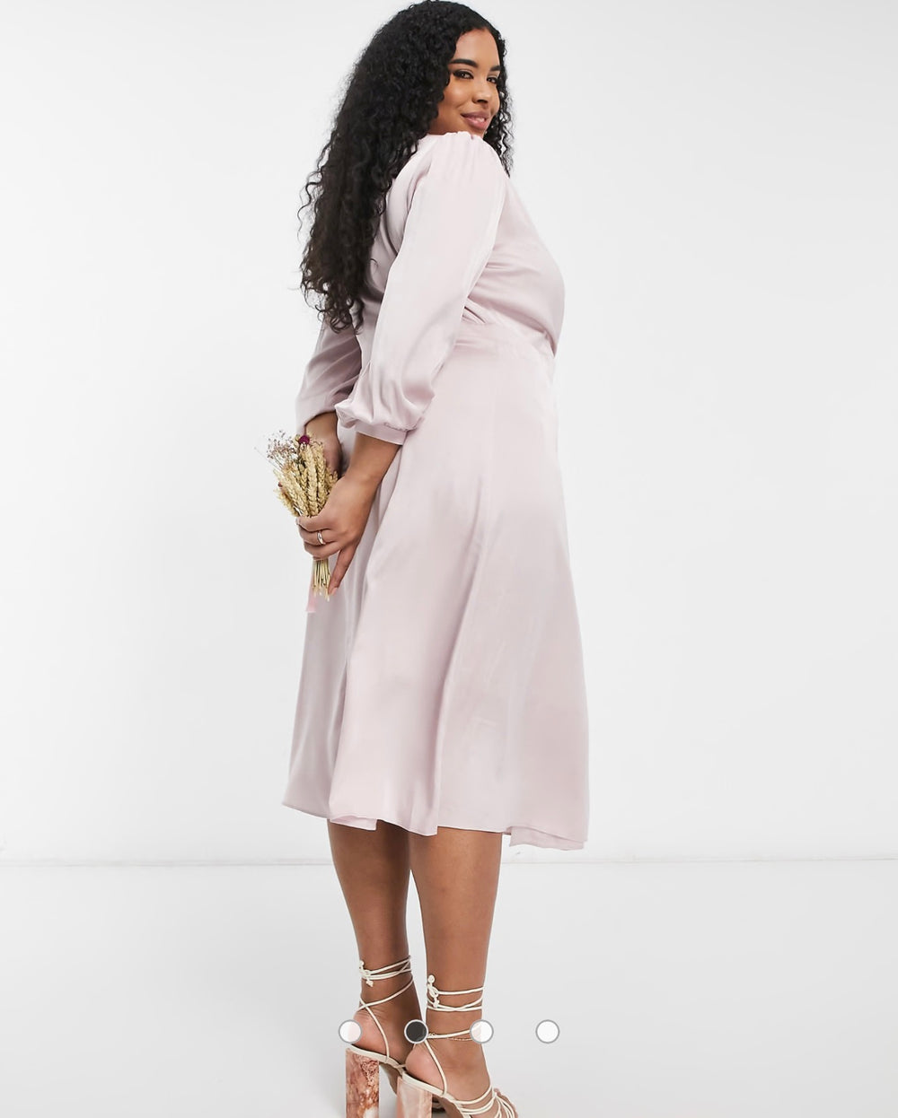 TFNC Plus bridesmaid satin long sleeve wrap front midi