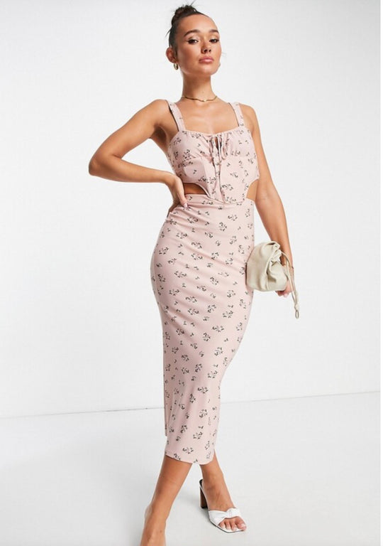 ASOS DESIGN sleeveless corset detail midi dress in baby pink ditsy