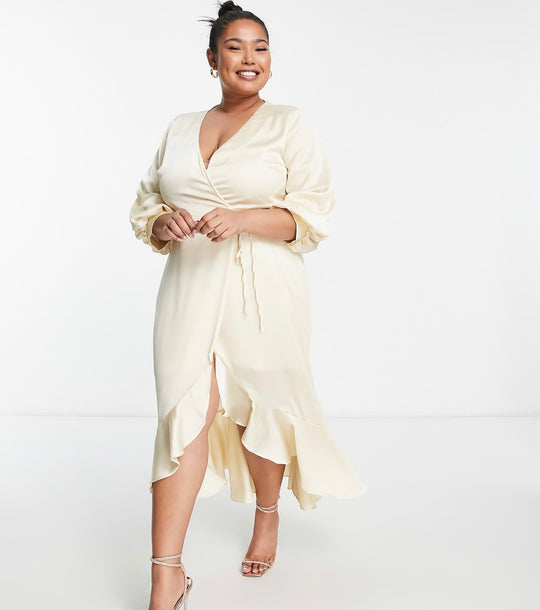 Liquorish Plus Bridesmaid satin wrap midi dress with