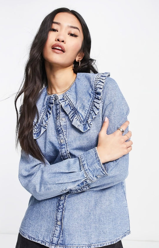 Monki denim shirt with frill collar in blue