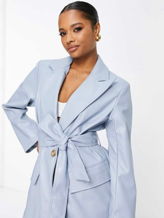ASOS DESIGN Petite faux leather dad blazer jacket in blueb