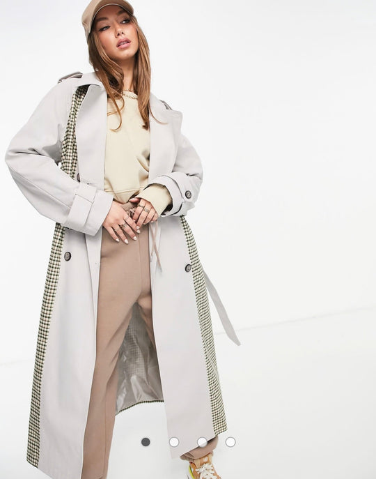 ASOS DESIGN Curve spliced check trench coat in khaki check