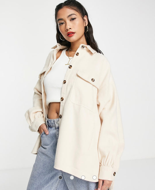 ASOS DESIGN oversized shacket in cream with tortoiseshell buttons