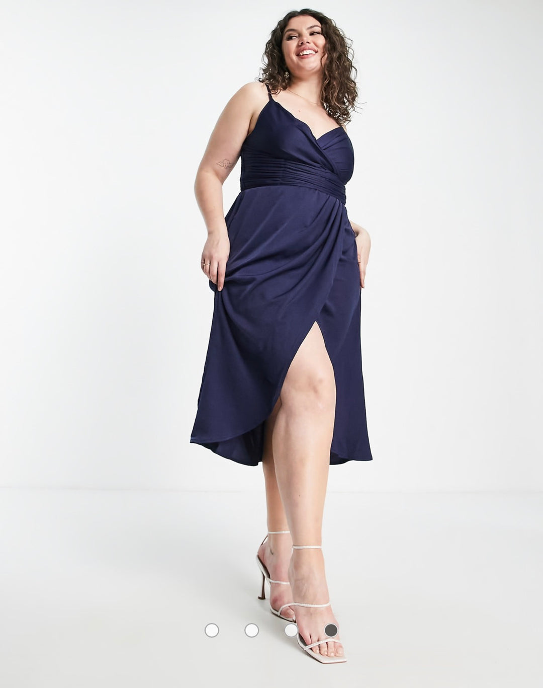 Little Mistress Bridesmaid Plus satin wrap dress in navy