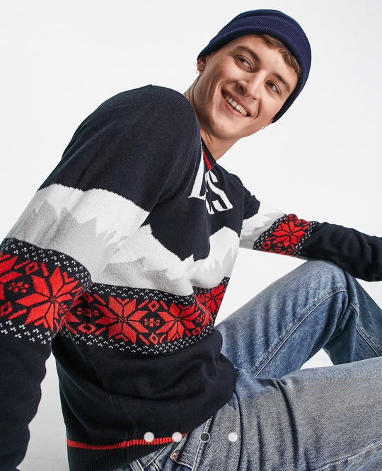 Threadbare Les Alpes crew neck christmas jumper in navy