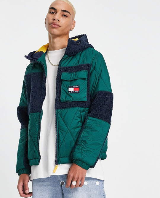Tommy Jeans sherpa quilt hybrid hooded jacket in green/navy