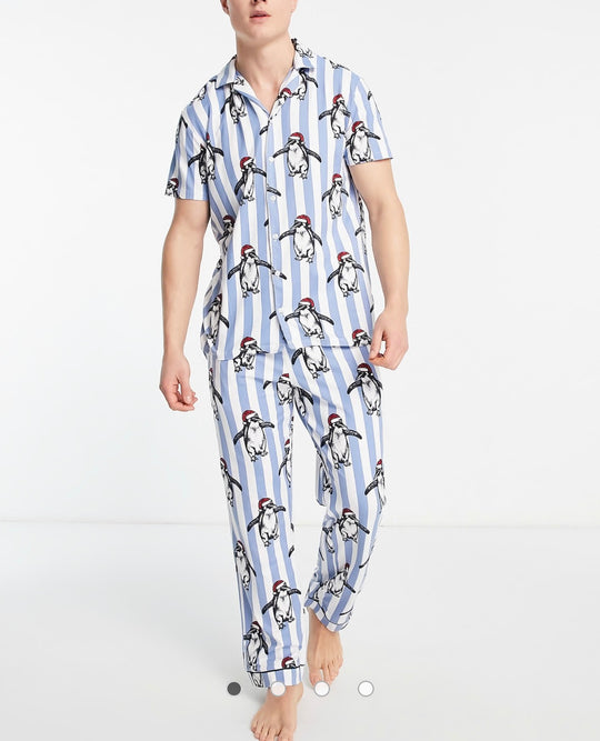 Chelsea Peers pyjamas in blue stripe with penguin print