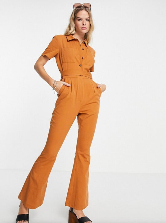 ASOS DESIGN twill 70-tals kickflare overall i brunt