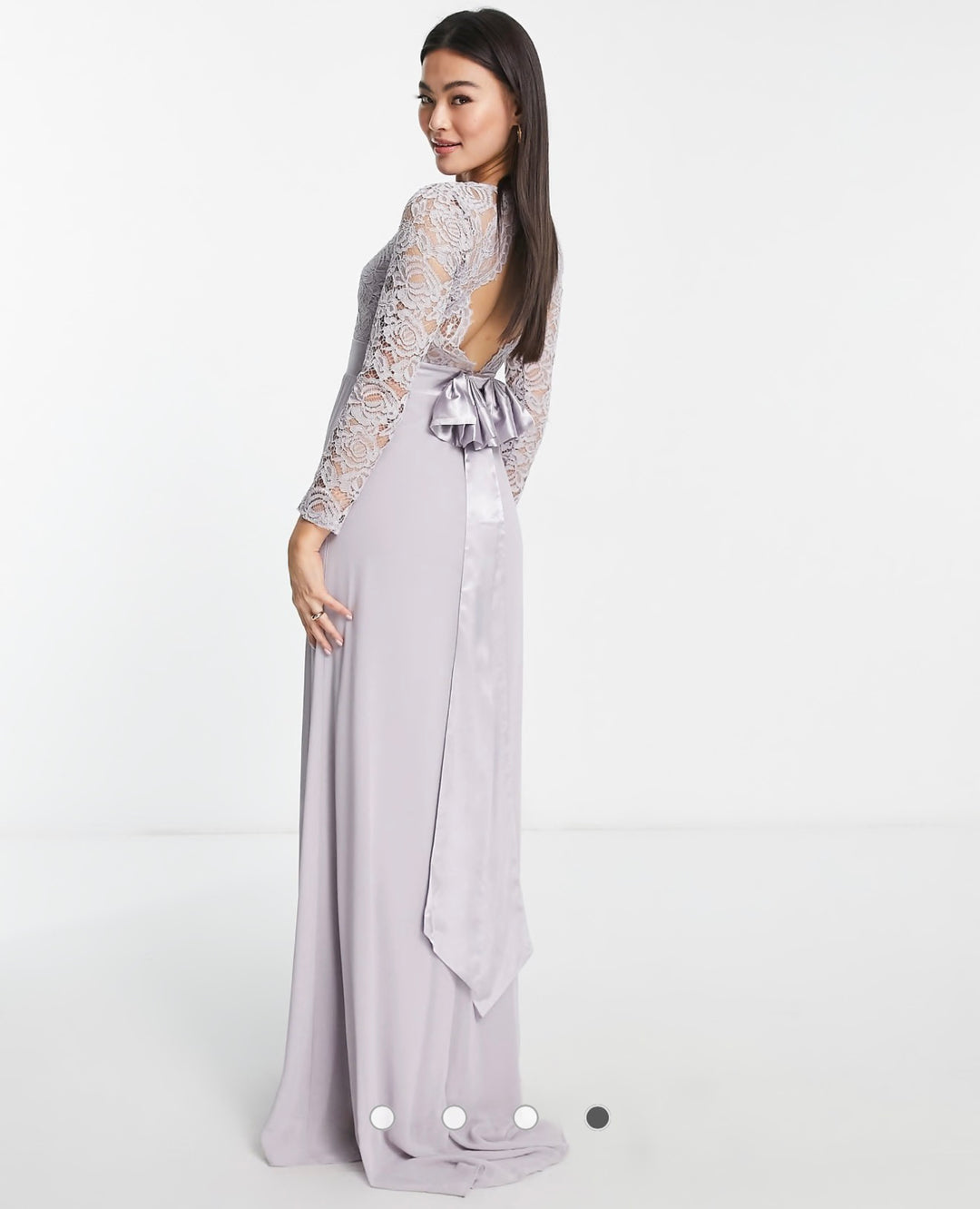 TFNC Bridesmaids chiffon maxi dress with lace scalloped back and long sleeves in grey