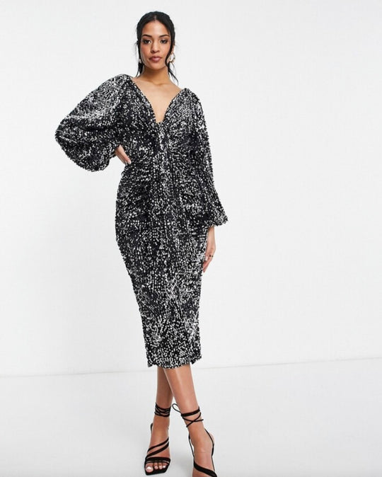 ASOS DESIGN Tall sequin balloon sleeve plunge midi dress in Black