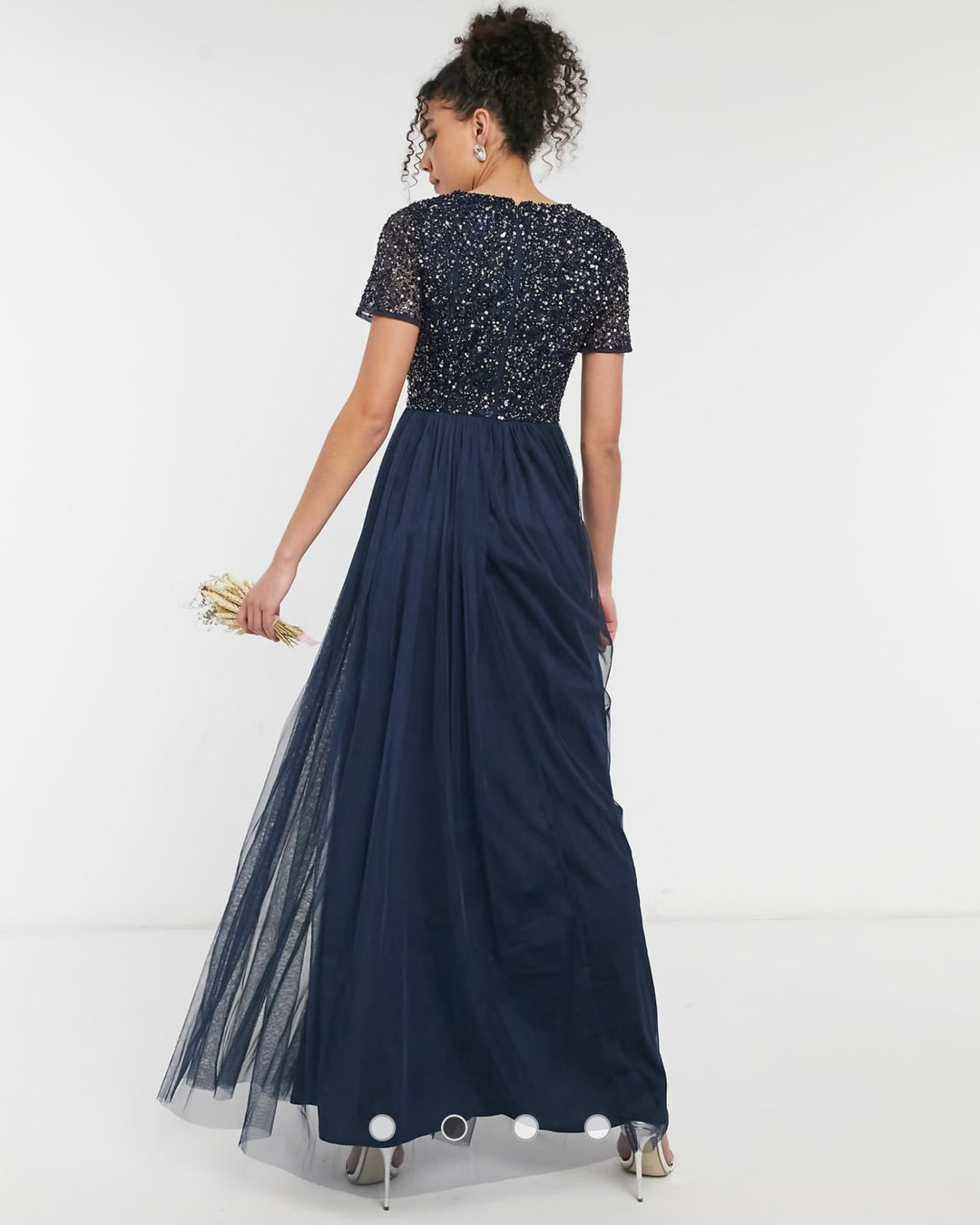Maya Tall Bridesmaid v neck maxi tulle dress with tonal delicate sequin in navy