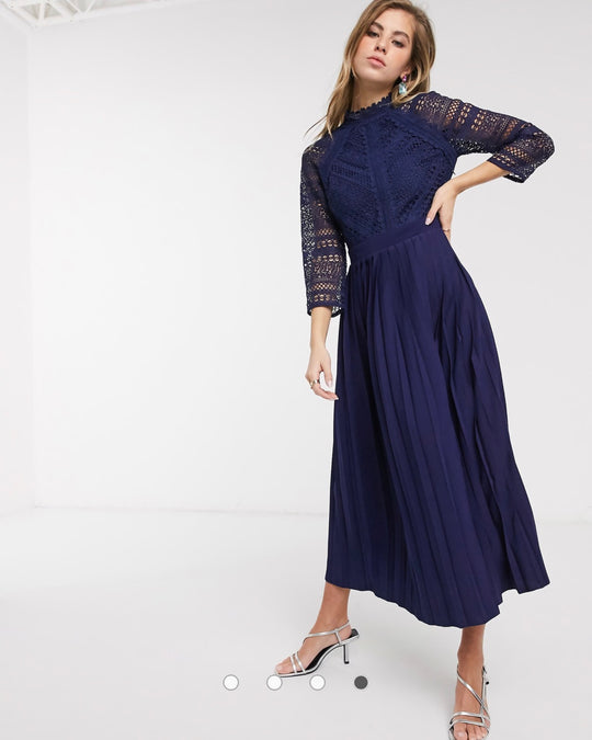 Little Mistress lace detail midaxi dress in navy blue