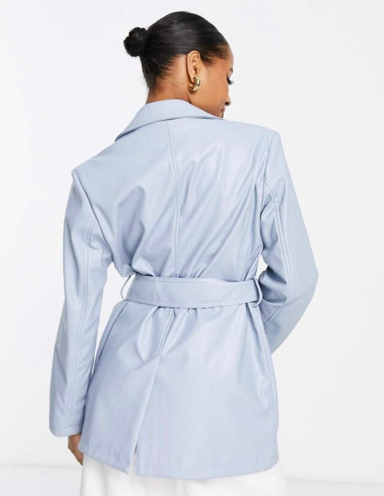 ASOS DESIGN Petite faux leather dad blazer jacket in blueb