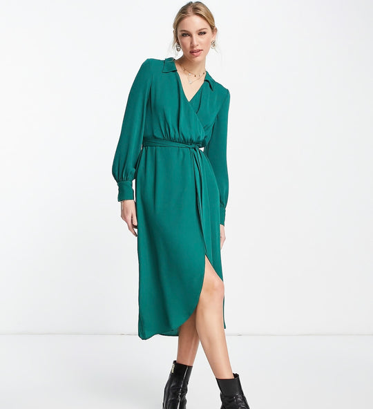 ASOS DESIGN collared wrap midi dress with tie belt in forest green