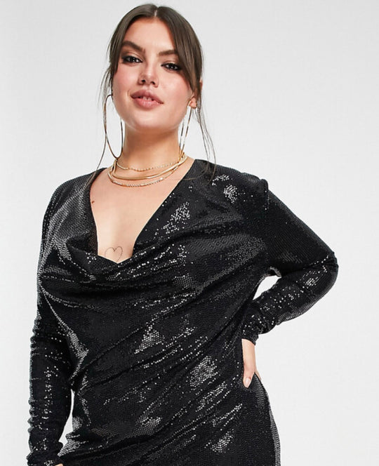 Flounce London Plus sequin cowl neck mini dress in black
