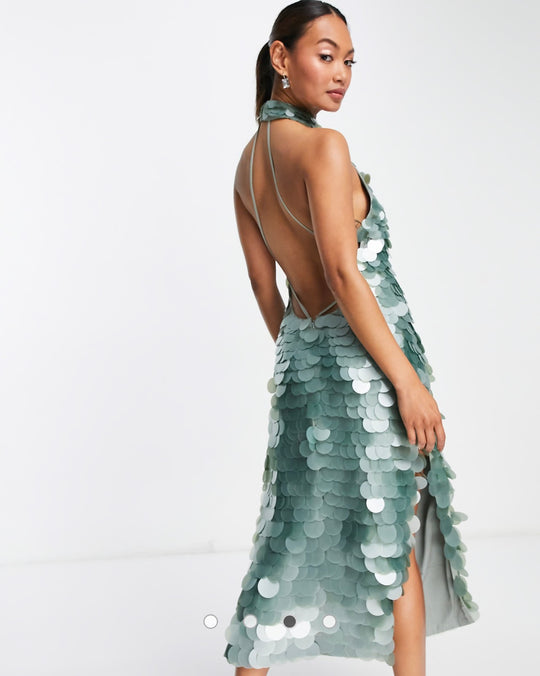 ASOS DESIGN high neck disc sequin midi dress in sage