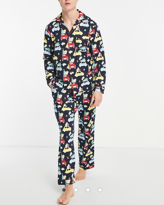 Chelsea Peers Christmas button down taxi pyjamas