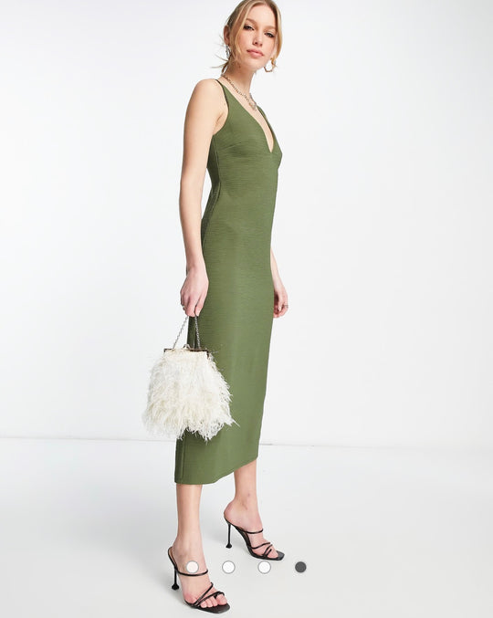 ASOS DESIGN bias cut plunge midi dress in ribbed khaki