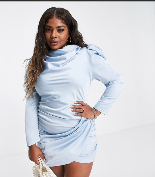 Lavish Alice Plus satin cowl front mini dress in baby blue