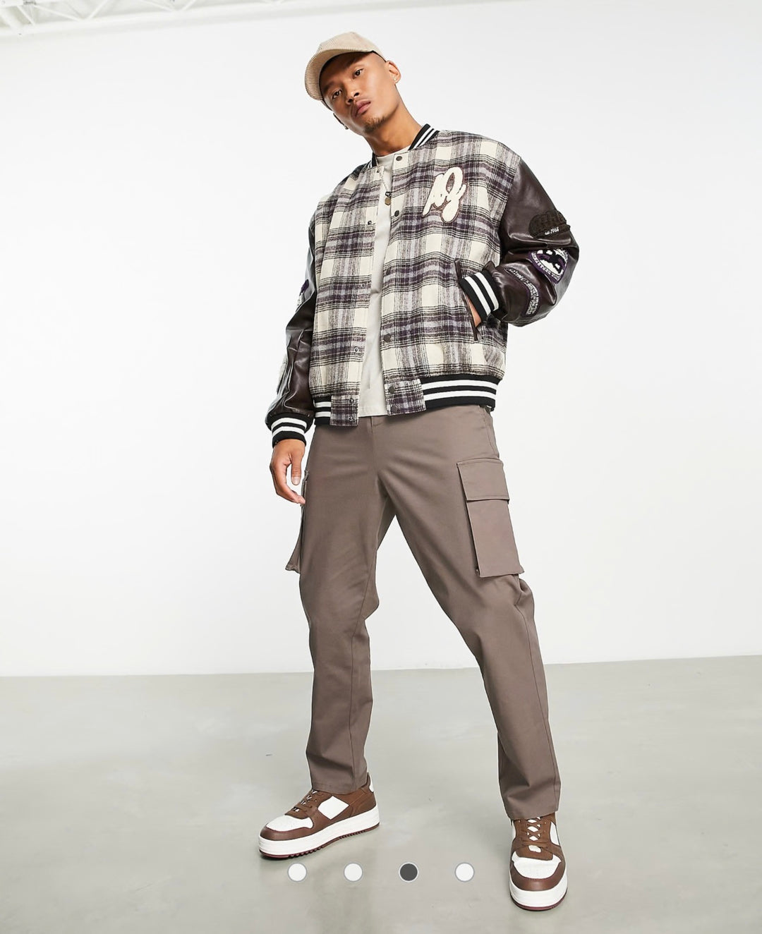 ASOS DESIGN oversized varsity bomber jacket in brown check