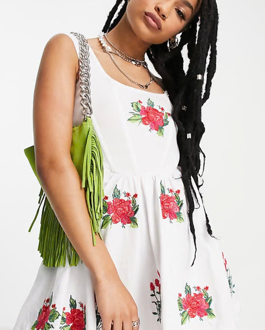 ASOS DESIGN Petite mini dress with corset detail and floral embroidery in white