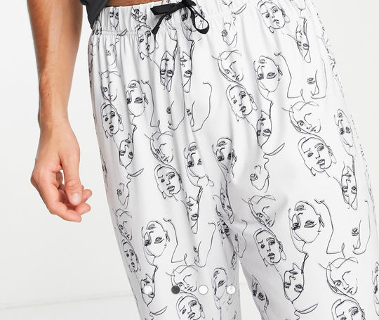 Loungeable face print long pyjama set in black and white