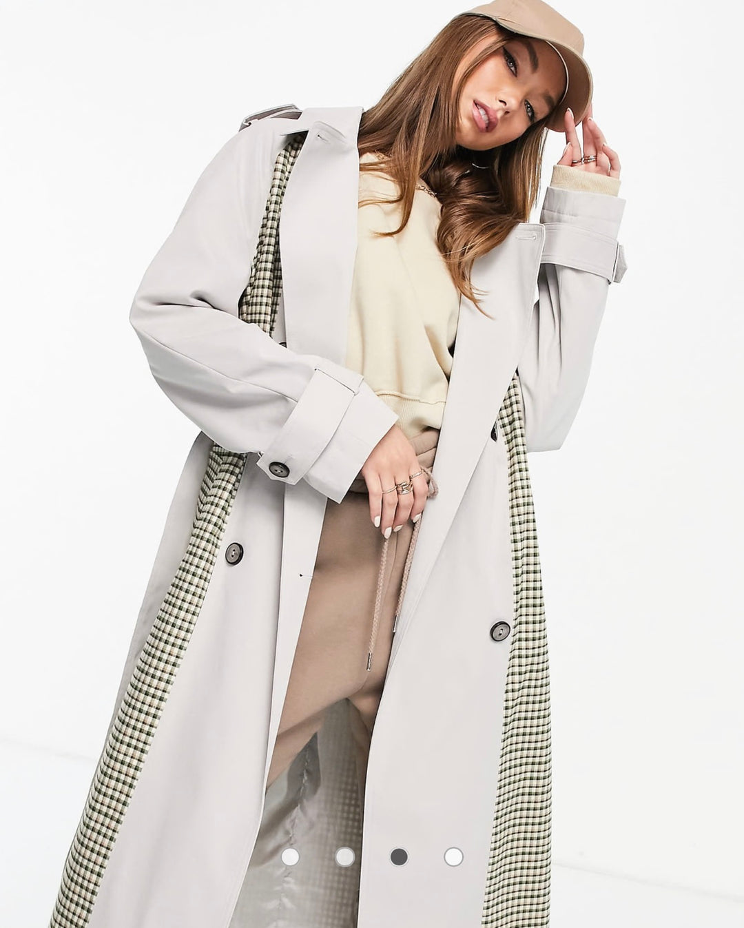 ASOS DESIGN Curve spliced check trench coat in khaki check