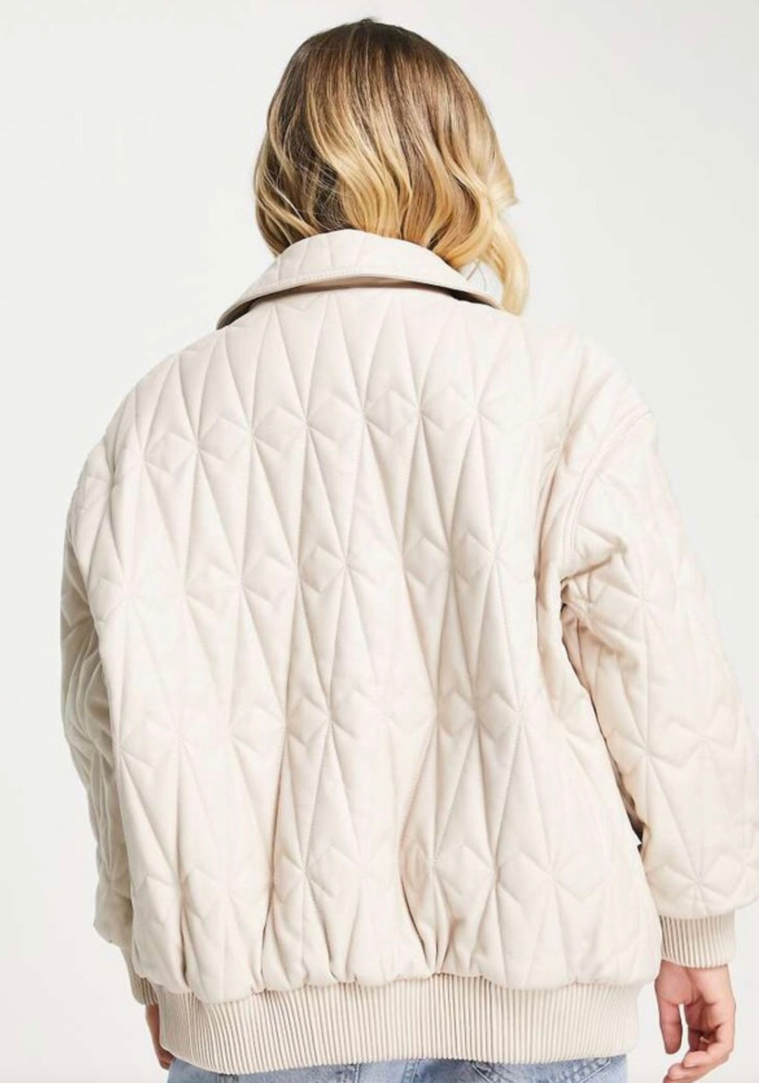 ASOS DESIGN leather look quilted bomber in cream