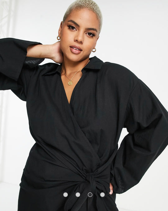 Pretty Lavish Curve collared wrap mini dress in black