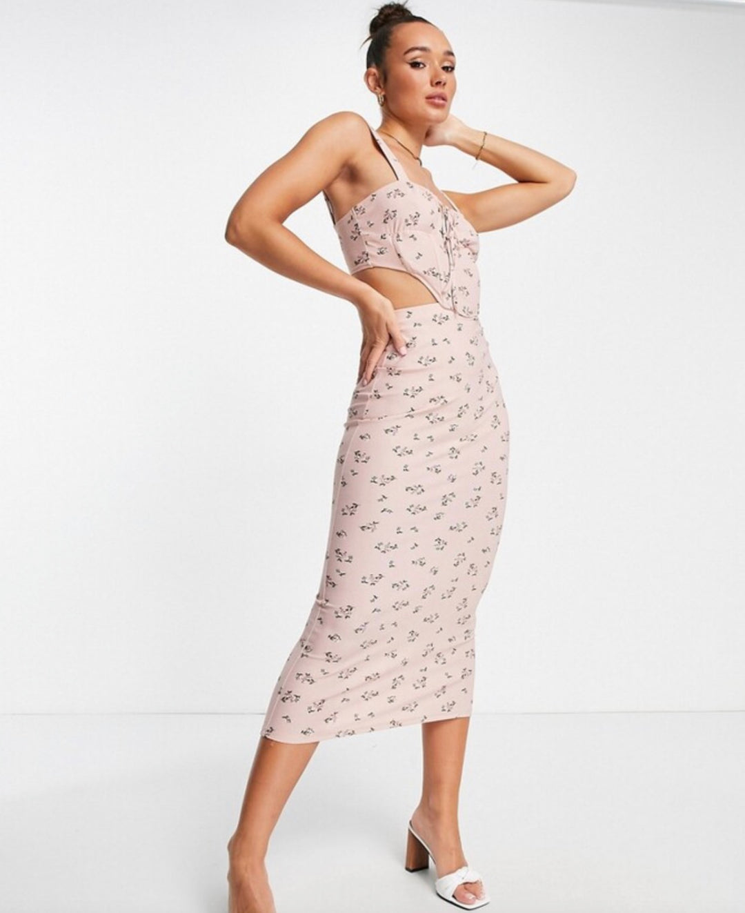 ASOS DESIGN sleeveless corset detail midi dress in baby pink ditsy