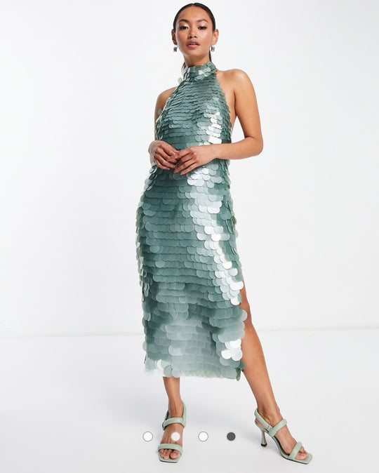 ASOS DESIGN high neck disc sequin midi dress in sage