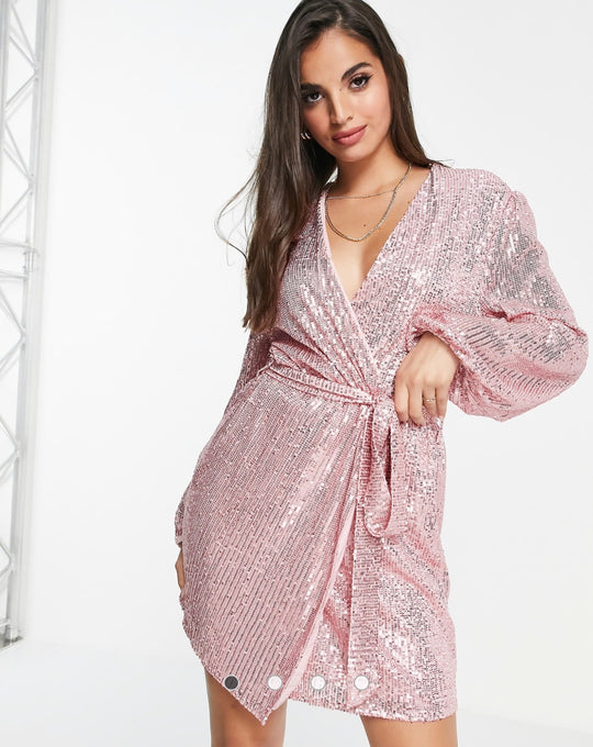 Style Cheat sequin wrap mini dress in dusty pink