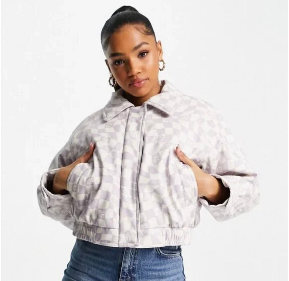 ASOS DESIGN printed leather look bomber jacket in blue