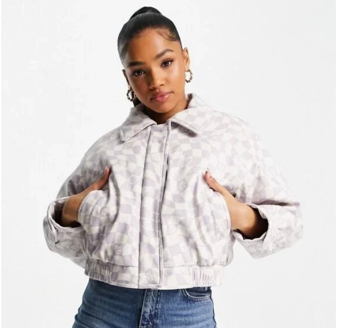 ASOS DESIGN printed leather look bomber jacket in blue