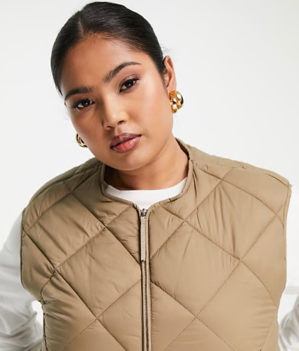 Mango Curve diamond quilted gilet in camel