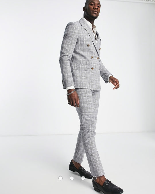 Harry Brown checked double breasted slim fit suit jacket in grey