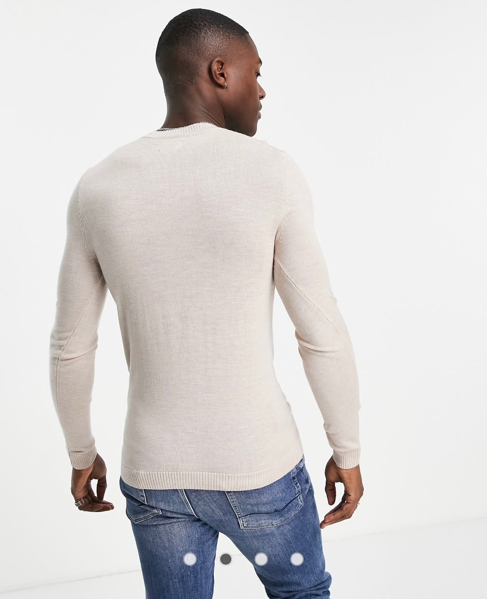 ASOS DESIGN muscle fit merino wool crew neck jumper in oatmeal marl