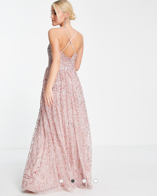 Maya all over embellished cross back maxi dress in taupe blush