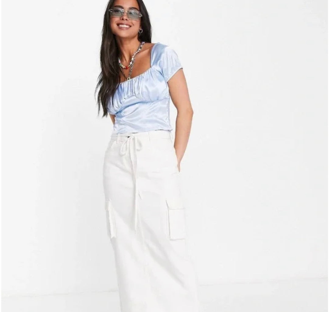 ASOS DESIGN 90s capped sleeve top with corset detail in icy blue