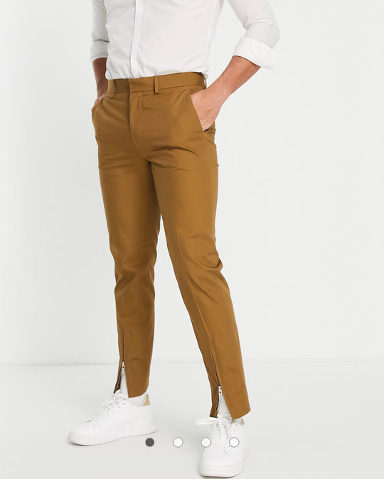 ASOS DESIGN slim smart trouser with zip front hem in brown