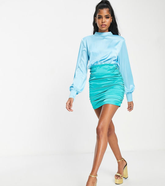 In The Style x Billie Faiers satin contrast high neck ruched skirt mini dress in blue multi