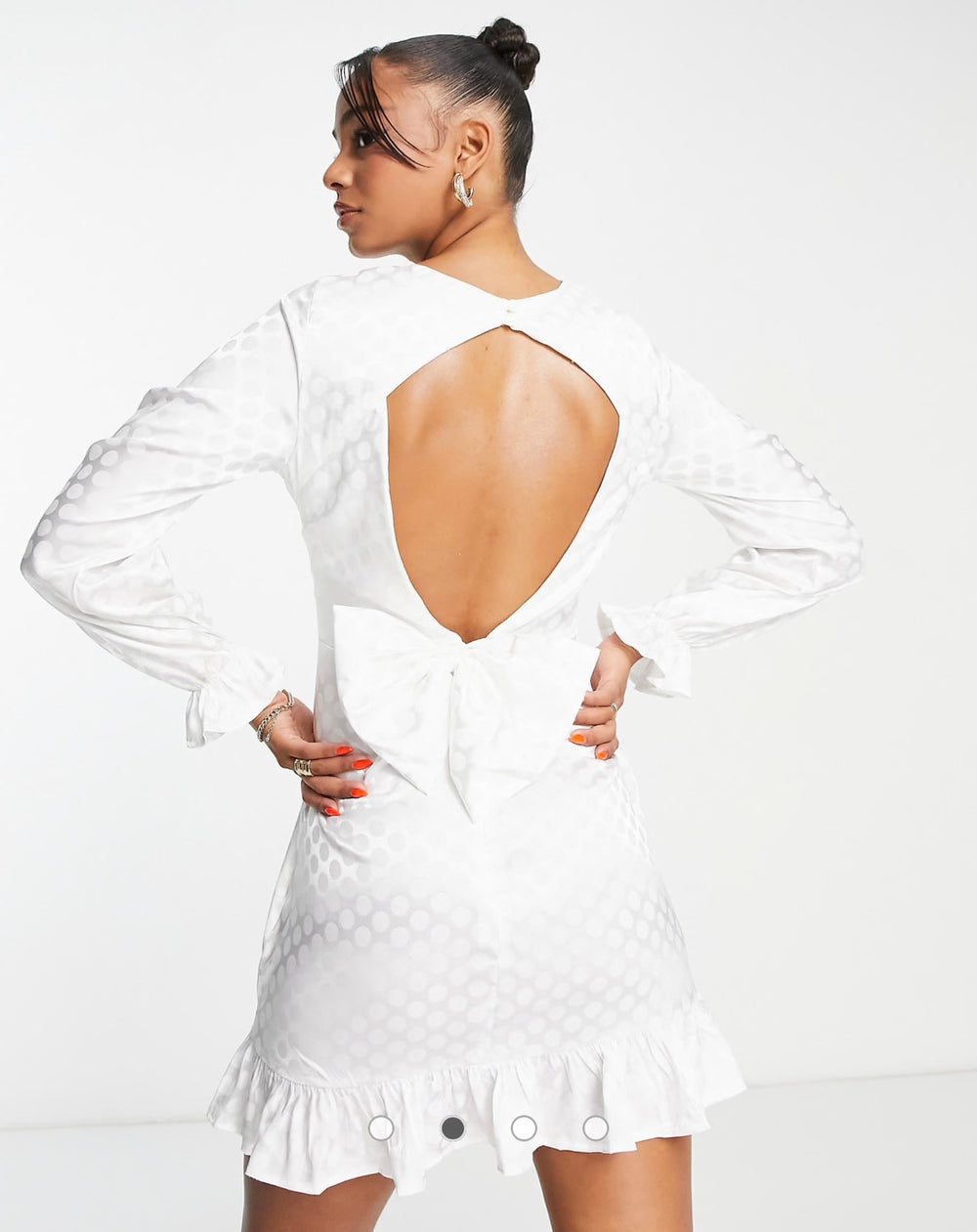 Blume Bridal satin spot mini dress with bow back in white