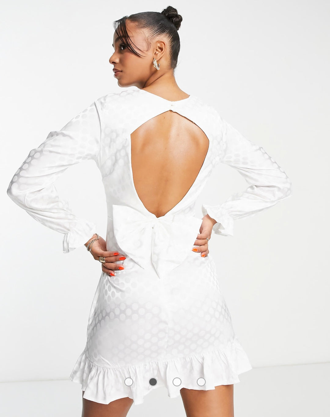 Blume Bridal satin spot mini dress with bow back in white