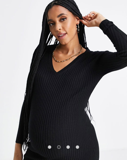 ASOS DESIGN Maternity knitted dress with v neck in rib in black
