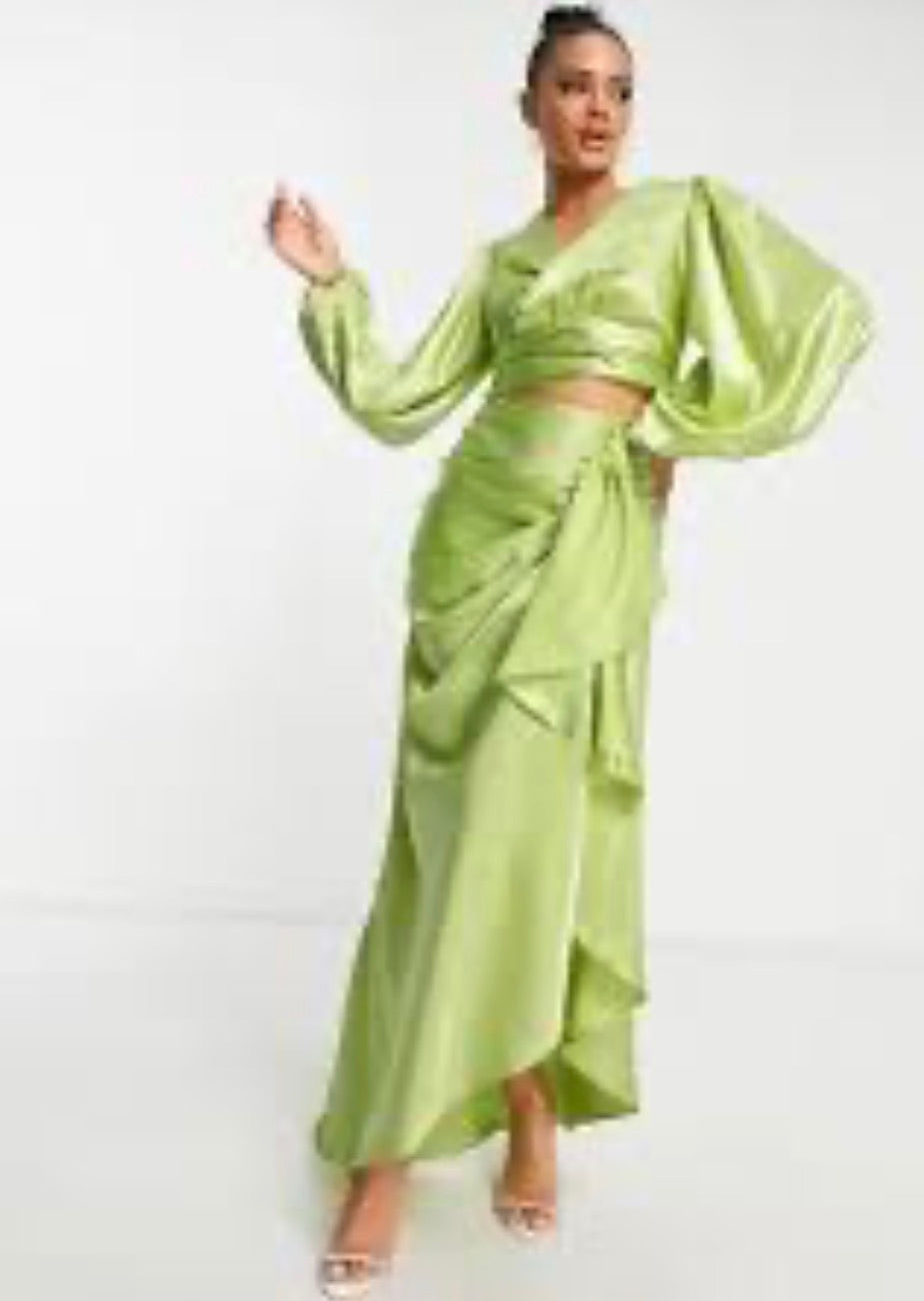 VL The Label frill satin maxi skirt in green co-ord